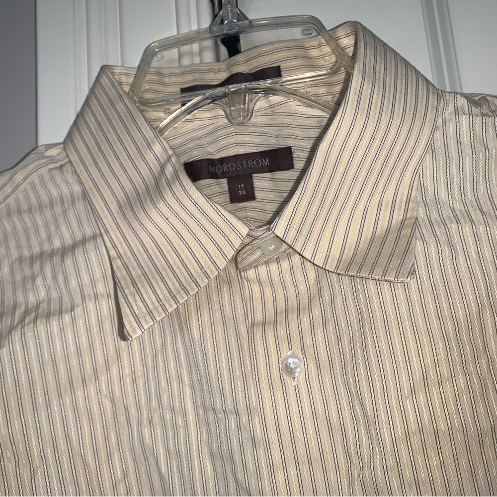 Nordstrom Men's Beige Striped Button Up Long Sleeves Dress Shirt Size 17/33